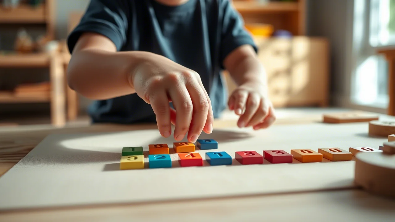Immagine fotorealistica in un'aula Montessori. Primo piano sulle mani di un bambino di 5-6 anni che dispone con concentrazione le tessere colorate (verdi per unità, blu per decine, rosse per centinaia) del Gioco dei Francobolli su un tappetino di lavoro in legno chiaro. La scena è illuminata da una luce naturale morbida proveniente da una finestra laterale, creando un'atmosfera calma e focalizzata. Obiettivo prime 50mm con profondità di campo ridotta, mettendo a fuoco nitido le mani e le tessere, mentre lo sfondo dell'aula è leggermente sfocato. Alto dettaglio visibile sulle venature del legno delle tessere e sulla texture della pelle del bambino.