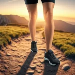 Immagine fotorealistica vista in prima persona attraverso un visore VR: si vedono delle gambe virtuali che camminano su un sentiero di montagna mozzafiato al tramonto. Obiettivo grandangolare 24mm per catturare l'ampiezza del paesaggio virtuale, colori caldi del tramonto, focus nitido sul sentiero e sulle gambe virtuali.