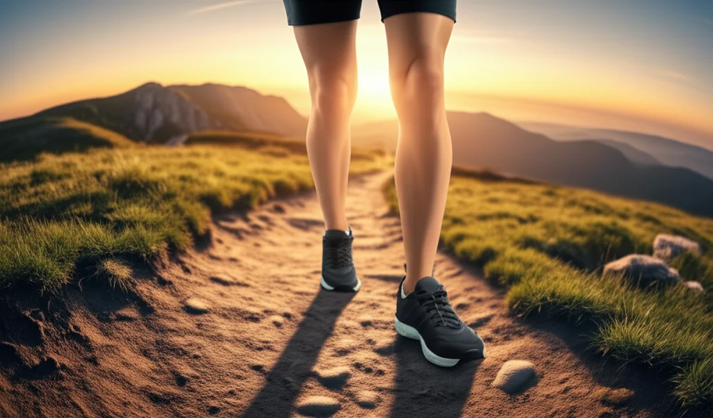 Immagine fotorealistica vista in prima persona attraverso un visore VR: si vedono delle gambe virtuali che camminano su un sentiero di montagna mozzafiato al tramonto. Obiettivo grandangolare 24mm per catturare l'ampiezza del paesaggio virtuale, colori caldi del tramonto, focus nitido sul sentiero e sulle gambe virtuali.
