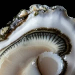 Primissimo piano di un'ostrica piatta europea, Ostrea edulis, parzialmente aperta, che mostra il mantello. Fotografia macro con obiettivo 90mm, alta definizione, illuminazione laterale controllata per creare ombre morbide e accentuare la texture umida e iridescente della conchiglia e del tessuto molle. Messa a fuoco estremamente precisa sul bordo del mantello.