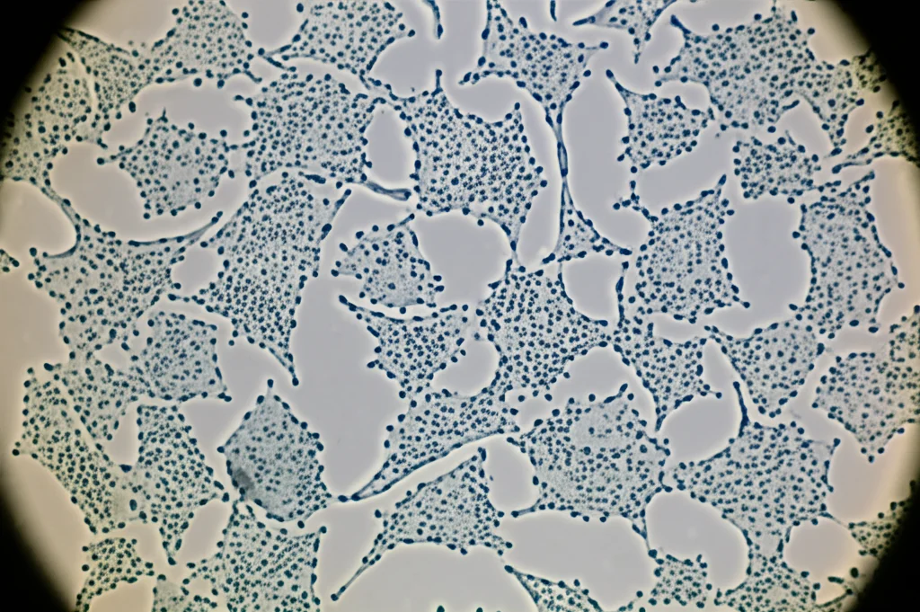Primo piano di cellule staminali mesenchimali (MSC) coltivate in laboratorio, visualizzate al microscopio. Lente macro 105mm, illuminazione laterale controllata per evidenziare la morfologia cellulare, alta risoluzione, messa a fuoco precisa sulle cellule.