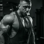 Ritratto fotografico di un bodybuilder maschio d'élite, molto definito e concentrato, mentre mastica una gomma energetica alla caffeina prima di un allenamento intenso in palestra, lente prime 50mm, profondità di campo ridotta per isolare il soggetto, illuminazione da studio drammatica che enfatizza i muscoli, toni duotone blu scuro e grigio metallico.