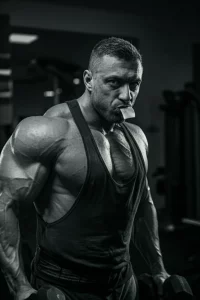 Ritratto fotografico di un bodybuilder maschio d'élite, molto definito e concentrato, mentre mastica una gomma energetica alla caffeina prima di un allenamento intenso in palestra, lente prime 50mm, profondità di campo ridotta per isolare il soggetto, illuminazione da studio drammatica che enfatizza i muscoli, toni duotone blu scuro e grigio metallico.