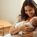 Una neomamma sorridente tiene in braccio il suo bambino piccolo, mentre sullo sfondo sfocato si intravede un misuratore di pressione appoggiato su un tavolino. Simbolo di monitoraggio e cura post-partum. Prime lens, 50mm, depth of field, luce calda e naturale, colori pastello.