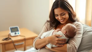 Una neomamma sorridente tiene in braccio il suo bambino piccolo, mentre sullo sfondo sfocato si intravede un misuratore di pressione appoggiato su un tavolino. Simbolo di monitoraggio e cura post-partum. Prime lens, 50mm, depth of field, luce calda e naturale, colori pastello.
