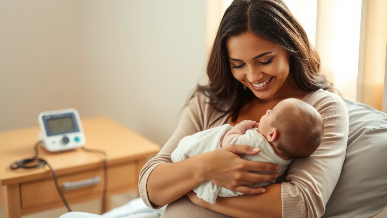 Una neomamma sorridente tiene in braccio il suo bambino piccolo, mentre sullo sfondo sfocato si intravede un misuratore di pressione appoggiato su un tavolino. Simbolo di monitoraggio e cura post-partum. Prime lens, 50mm, depth of field, luce calda e naturale, colori pastello.