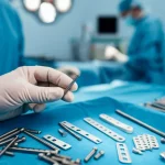 Foto realistica di una mano guantata da chirurgo che tiene delicatamente una vite ortopedica in titanio lucido sopra un vassoio sterile blu pieno di vari altri impianti metallici (placche, viti di diverse dimensioni) in una sala operatoria luminosa. Obiettivo prime 50mm, profondità di campo ridotta che sfoca lo sfondo della sala operatoria, mettendo a fuoco la mano e la vite, simbolo di precisione chirurgica e del valore del materiale potenzialmente sprecato.