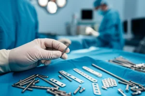 Foto realistica di una mano guantata da chirurgo che tiene delicatamente una vite ortopedica in titanio lucido sopra un vassoio sterile blu pieno di vari altri impianti metallici (placche, viti di diverse dimensioni) in una sala operatoria luminosa. Obiettivo prime 50mm, profondità di campo ridotta che sfoca lo sfondo della sala operatoria, mettendo a fuoco la mano e la vite, simbolo di precisione chirurgica e del valore del materiale potenzialmente sprecato.