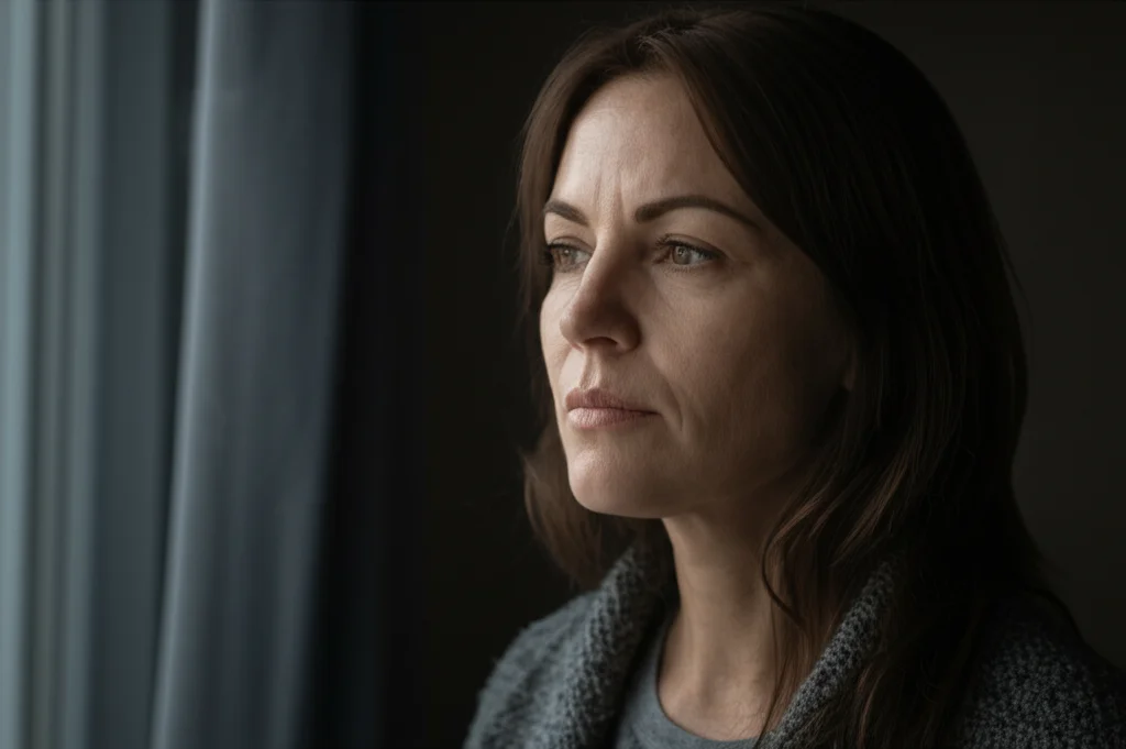 Fotografia ritratto realistica, una donna dall'aspetto pensieroso e leggermente preoccupato guarda fuori da una finestra, luce naturale soffusa che illumina metà del viso, obiettivo 50mm, profondità di campo ridotta che sfoca lo sfondo interno, toni duo seppia e grigio per trasmettere riflessione sui rischi per la salute come il fumo passivo.