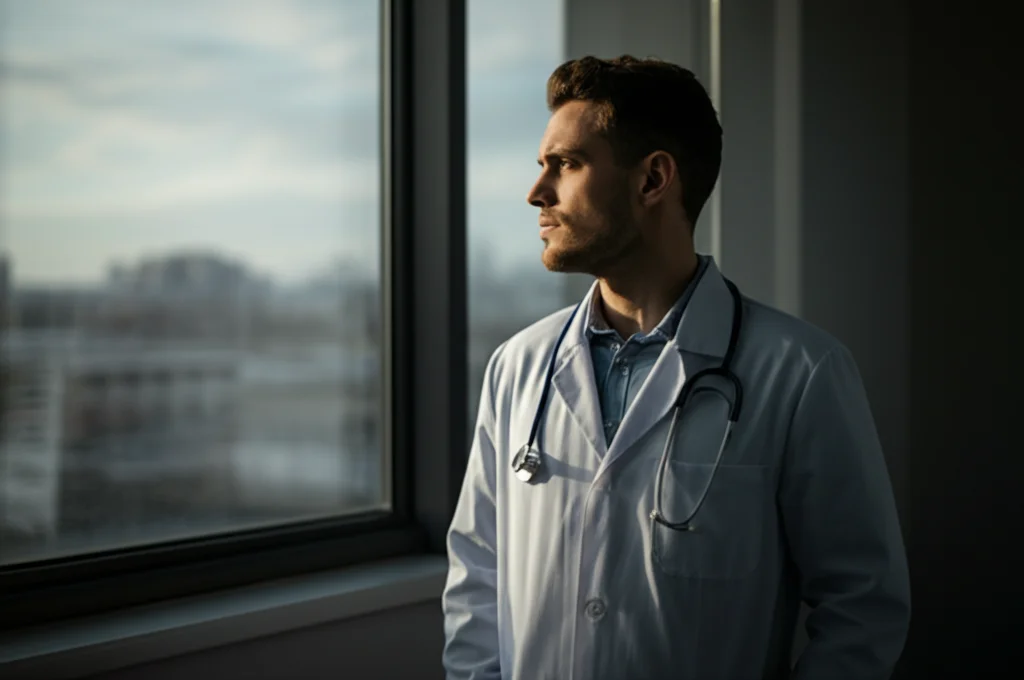 Giovane professionista sanitario guarda con speranza fuori da una finestra d'ospedale al tramonto, simboleggiando la transizione e il futuro nel settore, obiettivo 50mm, colori caldi, profondità di campo, luce naturale.