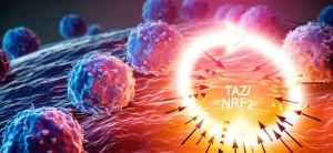 Illustrazione concettuale fotorealistica del cancro alla vescica. Cellule tumorali stilizzate, con colori vibranti ma minacciosi, proliferano su uno sfondo che rappresenta la parete interna della vescica. In primo piano, una rappresentazione astratta del loop di feedback positivo TAZ/NRF2 come un cerchio luminoso che protegge le cellule da frecce simboleggianti la ferroptosi. Obiettivo grandangolare 24mm, messa a fuoco nitida sulle cellule e sul loop, sfondo leggermente sfocato, illuminazione drammatica.