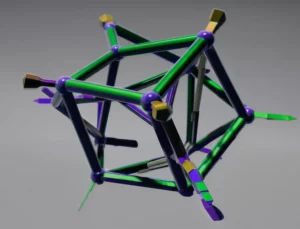 Illustrazione fotorealistica astratta che confronta la struttura geometrica complessa di un multipliedro (m,n)-multiplihedron con quella derivata, leggermente più semplice, di un politopo di Hochschild (m,n)-Hochschild polytope, evidenziando le connessioni geometriche e combinatorie tra i due. Wide-angle lens, 20mm, sharp focus, illuminazione diffusa.