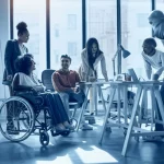 Ritratto simbolico che rappresenta l'intersezione tra razza e disabilità nel contesto lavorativo. Un gruppo diversificato di persone, alcune con disabilità visibili o suggerite, integrate in un ambiente d'ufficio moderno e luminoso. Stile duotone blu e grigio, obiettivo prime 35mm, profondità di campo per un effetto suggestivo e inclusivo.