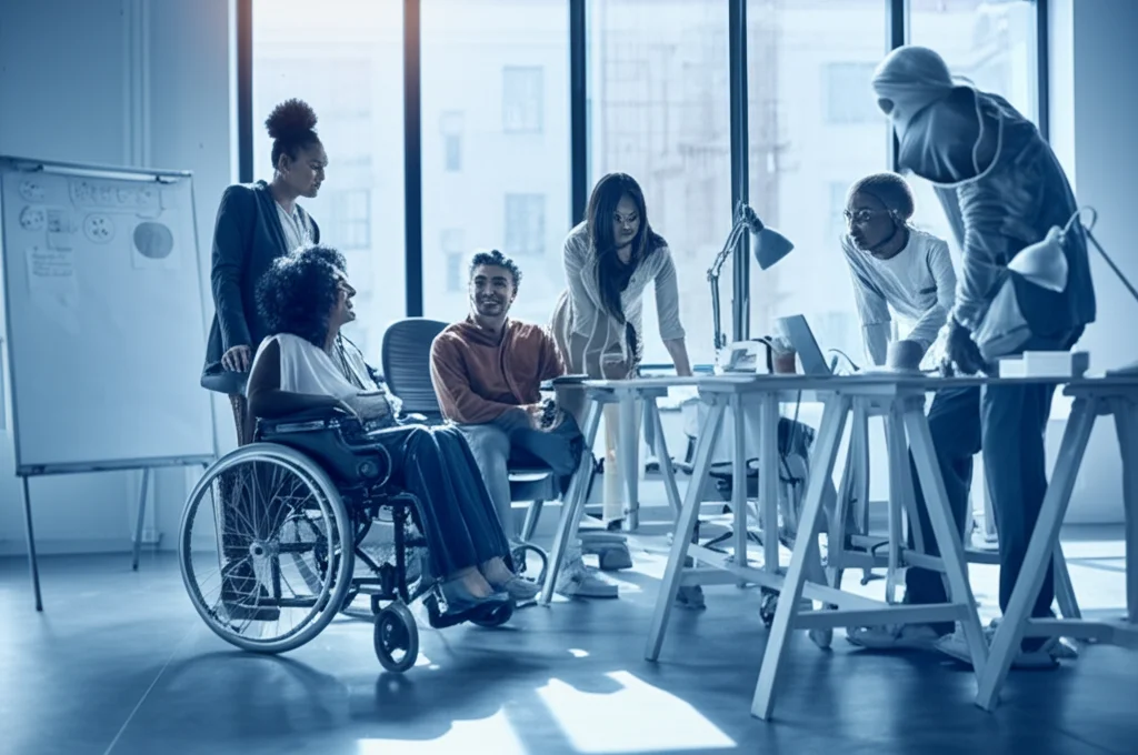 Ritratto simbolico che rappresenta l'intersezione tra razza e disabilità nel contesto lavorativo. Un gruppo diversificato di persone, alcune con disabilità visibili o suggerite, integrate in un ambiente d'ufficio moderno e luminoso. Stile duotone blu e grigio, obiettivo prime 35mm, profondità di campo per un effetto suggestivo e inclusivo.
