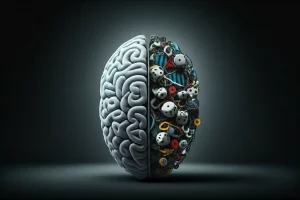 Un cervello stilizzato diviso a metà: una parte calma e chiara rappresentante la mindfulness, l'altra ingarbugliata e piena di simboli di bias cognitivi come dadi truccati e grafici distorti. Illuminazione drammatica laterale, obiettivo 50mm, stile fotorealistico ma concettuale, sfondo scuro.