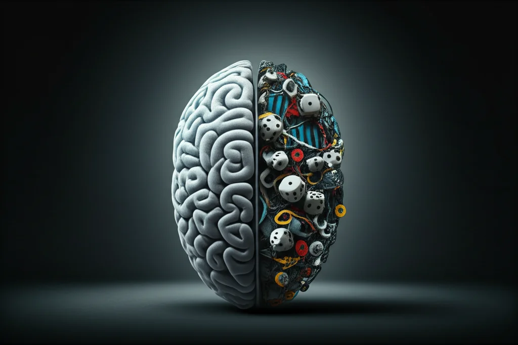 Un cervello stilizzato diviso a metà: una parte calma e chiara rappresentante la mindfulness, l'altra ingarbugliata e piena di simboli di bias cognitivi come dadi truccati e grafici distorti. Illuminazione drammatica laterale, obiettivo 50mm, stile fotorealistico ma concettuale, sfondo scuro.