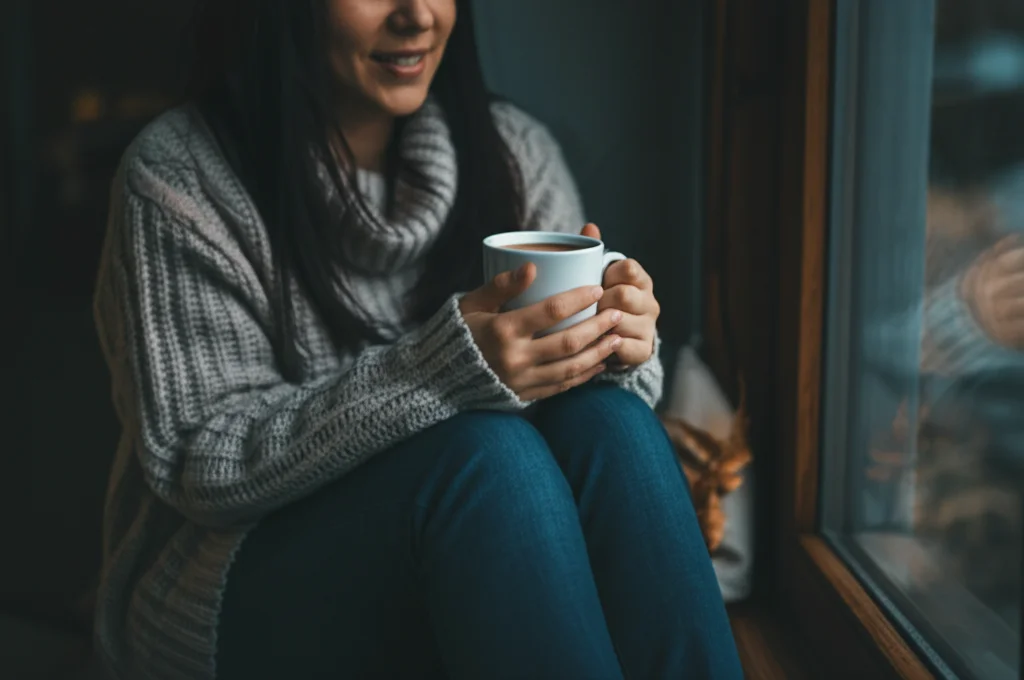 Una persona sorridente che tiene tra le mani una tazza calda in una giornata autunnale, seduta vicino a una finestra. Luce naturale morbida, obiettivo 50mm prime, profondità di campo ridotta che sfoca leggermente lo sfondo accogliente, trasmettendo una sensazione di comfort e piccola gioia certa.