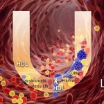 Visualizzazione artistica del flusso sanguigno in un'arteria con molecole di colesterolo HDL (protettive, magari blu) e non-HDL (rischio, magari gialle/rosse), con un grafico a forma di U e L sovrapposto che simboleggia il rischio di mortalità. Illuminazione drammatica, alta definizione, stile fotorealistico concettuale.