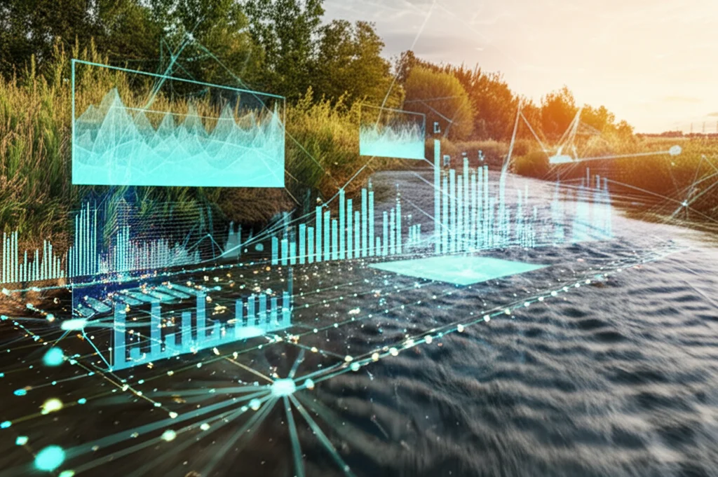 Visualizzazione concettuale di un fiume che scorre attraverso un paesaggio digitale con grafici di dati sovrapposti e reti neurali luminose, rappresentando la previsione del deflusso potenziata dall'IA e dai dati climatici, fotografia paesaggistica con elementi high-tech, obiettivo grandangolare 20mm, messa a fuoco nitida, lunga esposizione per acqua liscia.