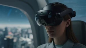 Fotografia di ritratto, obiettivo 35mm, una persona indossa un visore HMD avanzato video-see-through (tipo Varjo XR-3) all'interno di un mockup fisico di cabina di air taxi. L'espressione del soggetto è concentrata ma affascinata, rivolta verso l'interno/esterno della cabina simulata. Attraverso le lenti del visore (se visibili) o nell'ambiente circostante si percepisce una fusione tra elementi reali della cabina (sedili, pannelli) e una vista esterna virtuale di una città futuristica. Profondità di campo ridotta che sfoca leggermente lo sfondo per mettere a fuoco il soggetto e il visore. Illuminazione cinematografica controllata, stile duotone blu e grigio per un look tecnologico.
