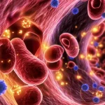 Illustrazione 3D fotorealistica del microambiente di una MAV cerebrale, mostrando astrociti reattivi (con aspetto alterato, marcati simbolicamente) che interagiscono strettamente con vasi sanguigni fragili, dilatati e infiammati (marcati in rosso). Segnali molecolari come COX-2 e HIF-1α sono visualizzati come piccole particelle luminose che collegano astrociti e vasi, indicando il circolo vizioso patologico. Obiettivo prime, 35mm, profondità di campo per mettere a fuoco l'interazione cellula-vaso, illuminazione suggestiva che evidenzia le aree infiammate e ipossiche.