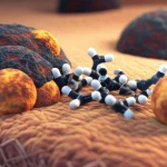 Immagine concettuale che mostra l'intersezione tra ferroptosi (sfere arrugginite che danneggiano una membrana cellulare stilizzata) e apoptosi (frammentazione cellulare controllata in vescicole), con molecole di BH3-mimetici (rappresentate come interruttori molecolari) che agiscono su questo incrocio. Obiettivo prime, 35mm, profondità di campo ridotta per focalizzare l'attenzione sull'interazione, toni blu freddo (apoptosi) e arancio caldo/ruggine (ferroptosi) duotone.