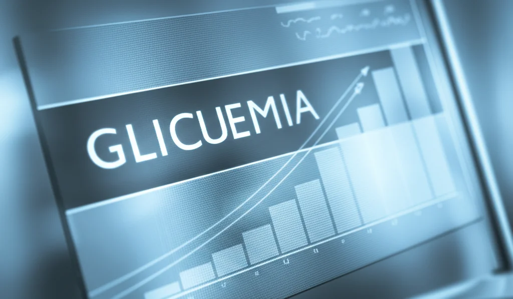 Immagine concettuale di un esame del sangue di routine che rivela un grafico crescente della glicemia, visualizzato su uno schermo digitale in un ambiente clinico. Obiettivo prime 35mm, profondità di campo, colori duotone blu e grigio.