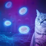 Immagine fotorealistica concettuale che mostra cellule staminali feline (iPSC) luminose che si trasformano in cellule stromali mesenchimali (MSC) su uno sfondo high-tech blu e viola, simboleggiando la rigenerazione e la terapia avanzata. Accanto, un gatto domestico dall'aspetto sano e vigile. Obiettivo prime 35mm, profondità di campo, duotone blu/viola.