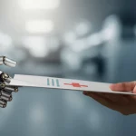 Immagine fotorealistica concettuale: una mano robotica stilizzata (simbolo dell'IA) che porge delicatamente un foglio di istruzioni mediche a una mano umana (simbolo del paziente o del medico) in un ambiente ospedaliero pulito e moderno. Luce soffusa, obiettivo 50mm, focus selettivo sull'interazione tra le mani e il documento.
