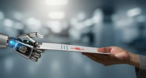 Immagine fotorealistica concettuale: una mano robotica stilizzata (simbolo dell'IA) che porge delicatamente un foglio di istruzioni mediche a una mano umana (simbolo del paziente o del medico) in un ambiente ospedaliero pulito e moderno. Luce soffusa, obiettivo 50mm, focus selettivo sull'interazione tra le mani e il documento.