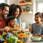 Immagine fotorealistica di una famiglia diversificata (genitori sui 30-40 anni, un bambino di circa 8 anni e una bambina di circa 5 anni) che ride insieme mentre prepara un'insalata colorata e salutare in una cucina moderna e luminosa. Luce naturale diffusa entra da una grande finestra. Obiettivo prime 50mm, apertura ampia per una profondità di campo ridotta che mette a fuoco la famiglia e sfoca leggermente lo sfondo. Colori naturali e vibranti, espressioni gioiose. High detail.