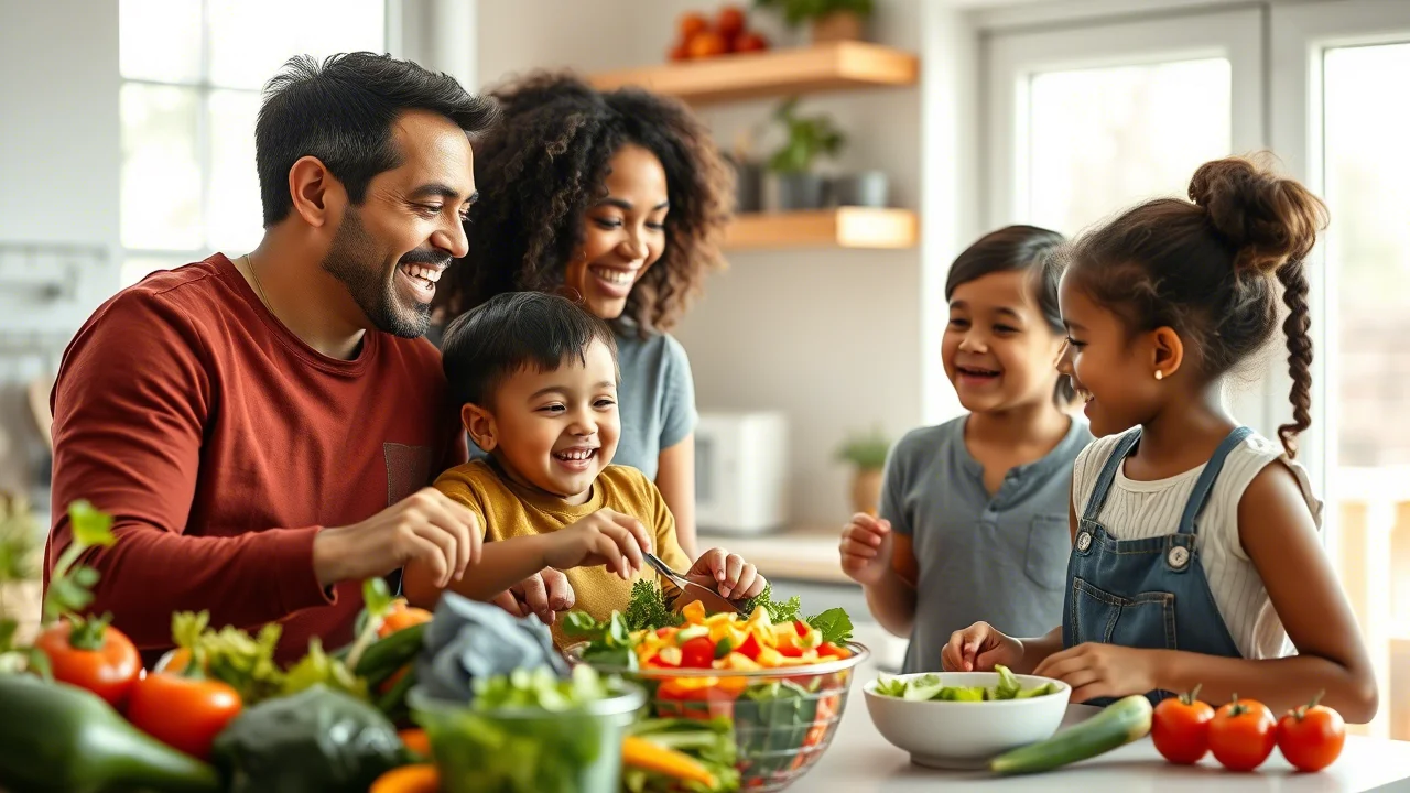 Immagine fotorealistica di una famiglia diversificata (genitori sui 30-40 anni, un bambino di circa 8 anni e una bambina di circa 5 anni) che ride insieme mentre prepara un'insalata colorata e salutare in una cucina moderna e luminosa. Luce naturale diffusa entra da una grande finestra. Obiettivo prime 50mm, apertura ampia per una profondità di campo ridotta che mette a fuoco la famiglia e sfoca leggermente lo sfondo. Colori naturali e vibranti, espressioni gioiose. High detail.