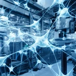 Immagine fotorealistica di una rete neurale astratta e luminosa sovrapposta a un ambiente industriale high-tech con macchinari connessi, simboleggiando l'apprendimento predittivo (PSAS) applicato all'ottimizzazione dei processi IIoT. Obiettivo prime 35mm, profondità di campo accentuata, colori duotone blu elettrico e grigio metallico, atmosfera tecnologica.