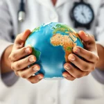 Immagine simbolica che rappresenta la salute globale dei bambini: un mappamondo stilizzato tenuto tra le mani giunte di un medico e di un bambino di etnie diverse, obiettivo 50mm, sfondo neutro e luminoso con effetto bokeh, focus selettivo sulle mani e sul globo, luce morbida e avvolgente, concetto di cura, speranza e collaborazione universale.