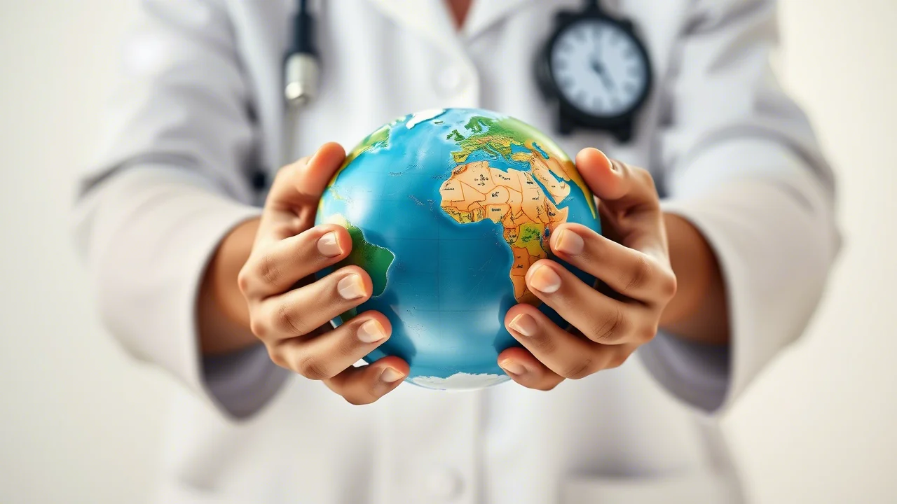 Immagine simbolica che rappresenta la salute globale dei bambini: un mappamondo stilizzato tenuto tra le mani giunte di un medico e di un bambino di etnie diverse, obiettivo 50mm, sfondo neutro e luminoso con effetto bokeh, focus selettivo sulle mani e sul globo, luce morbida e avvolgente, concetto di cura, speranza e collaborazione universale.