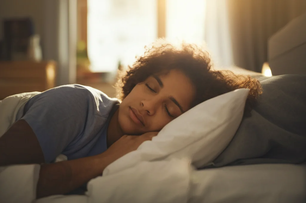 Persona che dorme serenamente a letto durante il weekend, luce morbida del sole mattutino che filtra dalla finestra socchiusa, obiettivo prime 35mm, profondità di campo che sfoca leggermente la stanza sullo sfondo, atmosfera tranquilla e riposante.