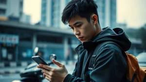 Ritratto fotografico di un giovane lavoratore cinese (rider o autista) che controlla il suo smartphone in una pausa, sfondo urbano sfocato di una città cinese. Obiettivo 50mm, profondità di campo, toni bicromatici blu e grigio per accentuare l'incertezza e la tecnologia.