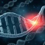 Visualizzazione artistica di un filamento di DNA con una sezione amplificata evidenziata in rosso brillante, simboleggiante l'amplificazione del gene TERT nel contesto del carcinoma papillare tiroideo, dettagli nitidi, sfondo scuro astratto, illuminazione drammatica, obiettivo macro 90mm.