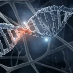 Visualizzazione artistica e fotorealistica del complesso meccanismo di riparazione del DNA: la proteina CITK interagisce con HDAC6 vicino a un filamento di DNA danneggiato, influenzando il reclutamento di BRCA1 (visualizzato come molecole luminose). Sullo sfondo, una rete di microtubuli cellulari. Profondità di campo, illuminazione drammatica stile 'film noir', duotono blu e grigio. Obiettivo 35mm.