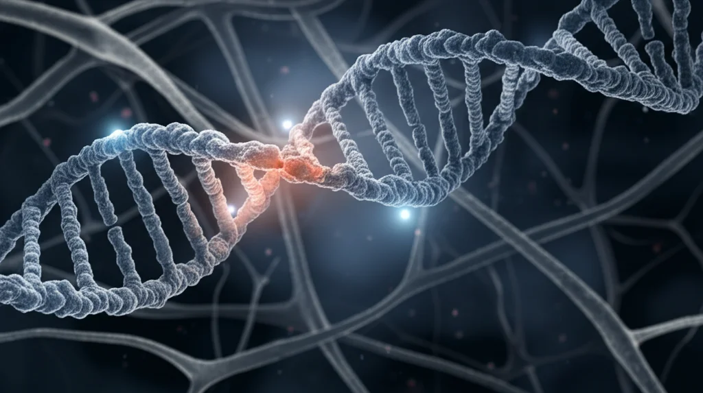 Visualizzazione artistica e fotorealistica del complesso meccanismo di riparazione del DNA: la proteina CITK interagisce con HDAC6 vicino a un filamento di DNA danneggiato, influenzando il reclutamento di BRCA1 (visualizzato come molecole luminose). Sullo sfondo, una rete di microtubuli cellulari. Profondità di campo, illuminazione drammatica stile 'film noir', duotono blu e grigio. Obiettivo 35mm.
