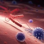 Visualizzazione artistica ma fotorealistica dell'ecosistema gastrico a livello cellulare. Zoom su batteri Helicobacter pylori (stilizzati ma riconoscibili, forma a spirale) che interagiscono con cellule immunitarie (macrofagi dall'aspetto ameboide, linfociti T sferici) sulla superficie rosa e irregolare della mucosa gastrica. Effetto profondità di campo (Depth of field) che sfoca lo sfondo, illuminazione drammatica laterale che crea ombre lunghe, suggerendo l'infiammazione cronica. Lente prime 35mm, colori caldi (rossi/arancio per l'infiammazione) e freddi (blu/viola per le cellule) in duotono.