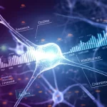 Concetto astratto di intelligenza artificiale che analizza dati scientifici atomici. Una rete neurale stilizzata e luminosa sovrapposta a una simulazione molecolare dinamica, con grafici di barre di errore o intervalli di confidenza che fluttuano attorno ai dati. Wide-angle, 20mm, sharp focus, illuminazione drammatica con toni blu e viola.