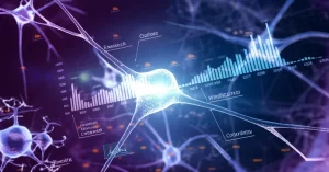 Concetto astratto di intelligenza artificiale che analizza dati scientifici atomici. Una rete neurale stilizzata e luminosa sovrapposta a una simulazione molecolare dinamica, con grafici di barre di errore o intervalli di confidenza che fluttuano attorno ai dati. Wide-angle, 20mm, sharp focus, illuminazione drammatica con toni blu e viola.