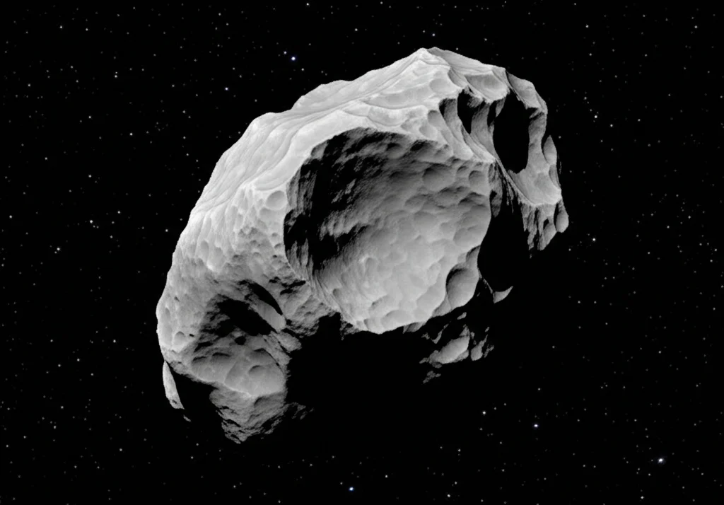 Fotografia astronomica dell'asteroide Ryugu nello spazio profondo, illuminato dalla luce solare, obiettivo grandangolare 20mm, lunga esposizione per catturare dettagli della superficie scura e irregolare e stelle deboli sullo sfondo, messa a fuoco nitida.