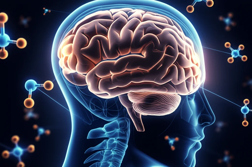 Illustrazione concettuale del cervello umano con percorsi neurali illuminati collegati a molecole farmacologiche stilizzate, simboleggiando il trattamento dell'obesità tramite meccanismi cerebrali, fotografia concettuale, colori blu e arancione duotone, profondità di campo.