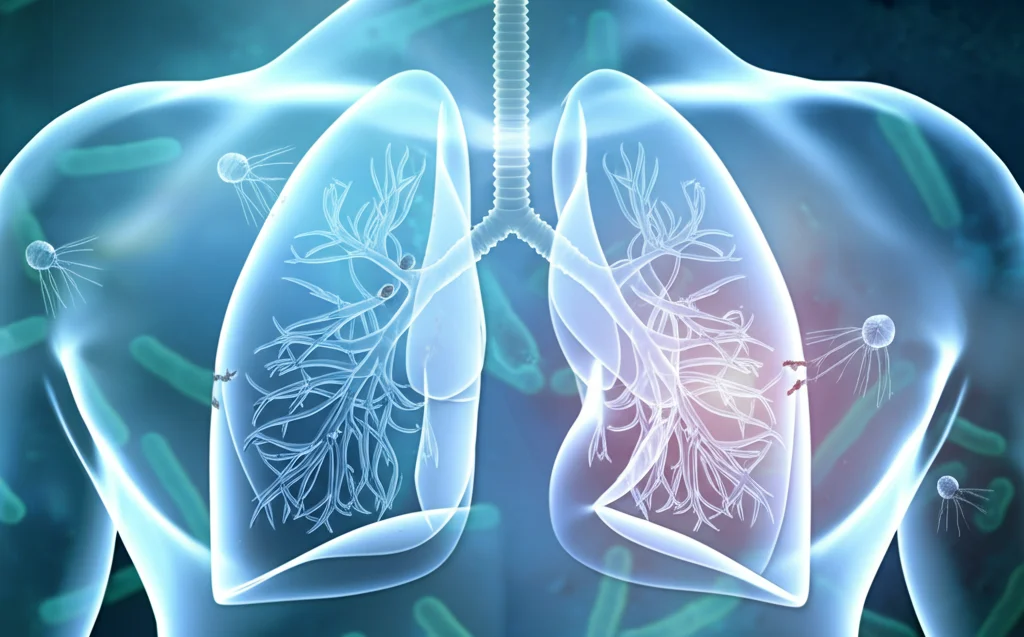 Immagine fotorealistica concettuale: una vista microscopica dettagliata di batteriofagi (strutture virali con testa e coda) che attaccano cellule batteriche (Pseudomonas aeruginosa, bastoncellari) sovrapposta a un'immagine traslucida di polmoni umani sani. La luce è soffusa, quasi eterea, suggerendo speranza e innovazione tecnologica nella terapia inalatoria per infezioni polmonari. Obiettivo macro per i dettagli microscopici, grandangolo per i polmoni. Alta definizione.