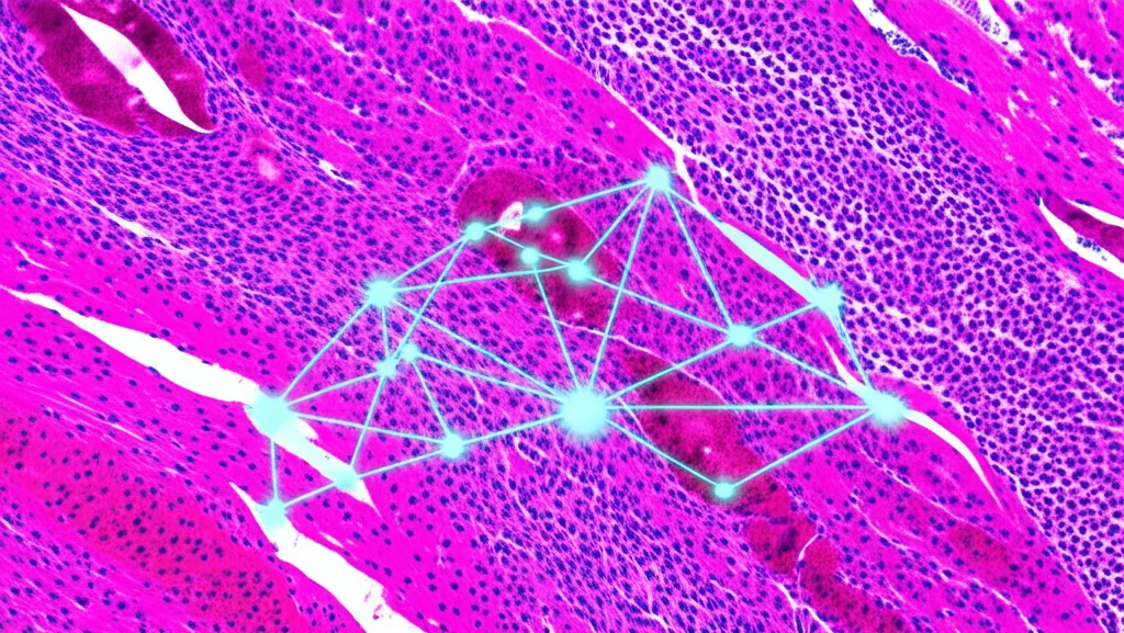 Immagine fotorealistica di un microscopio digitale avanzato che analizza un vetrino istologico (WSI) di cancro al seno colorato con HE, con una sovrapposizione grafica di reti neurali luminose che indicano l'analisi AI in corso per lo scoring HER2; obiettivo prime 50mm, profondità di campo, illuminazione da laboratorio high-tech, alta definizione, dettagli cellulari visibili.
