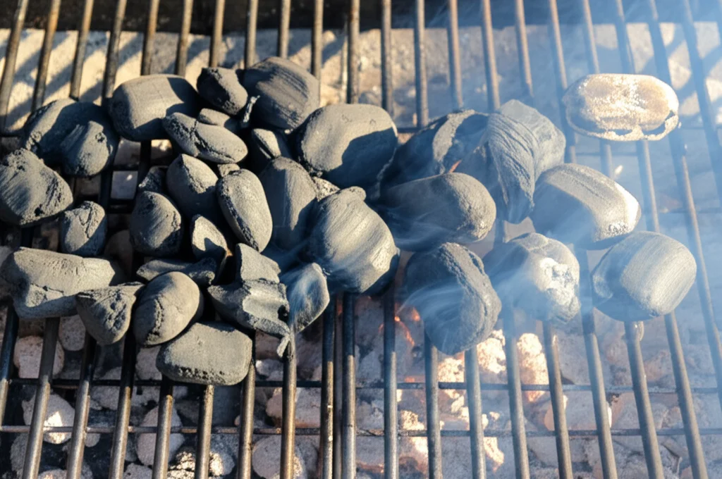 Immagine fotorealistica di una griglia accesa con metà riempita di carbonella in pezzi incandescenti (lump charcoal) che brucia pulita e l'altra metà con bricchetti di carbone che emettono più fumo denso e visibile, vista dall'alto leggermente angolata, obiettivo 50mm, profondità di campo media per mantenere a fuoco entrambi i tipi di carbone, luce naturale del tardo pomeriggio che crea lunghe ombre e accentua il fumo.