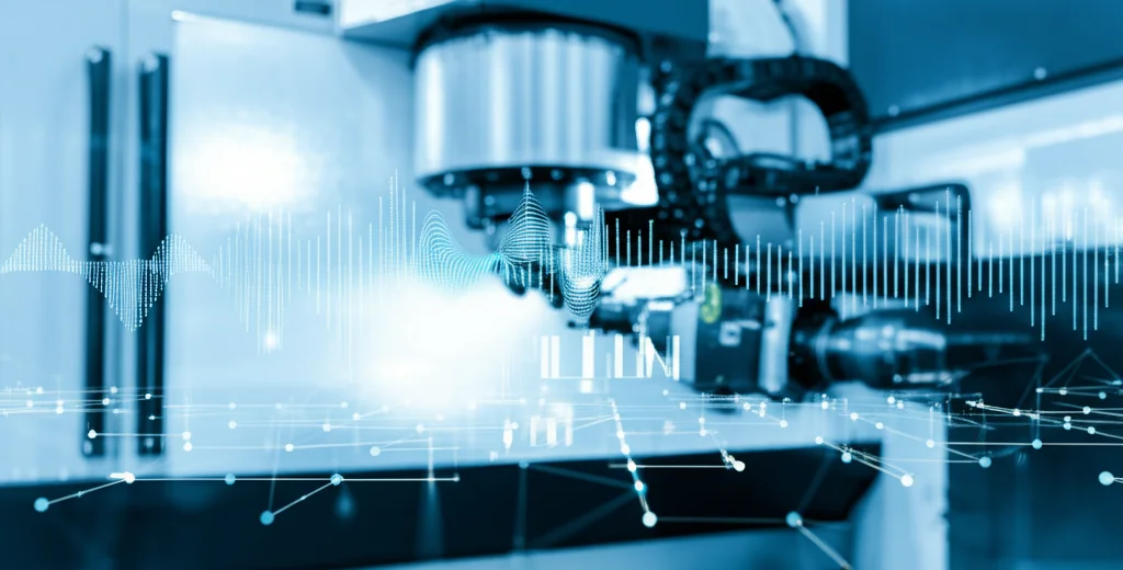 Immagine fotorealistica high-tech che mostra la fusione concettuale tra la struttura logica di un grafo della conoscenza digitale (nodi e archi luminosi) e le capacità di elaborazione del linguaggio di un LLM (onde neurali o testuali), applicata alla diagnostica di precisione di una macchina CNC industriale in background. Obiettivo prime 50mm, profondità di campo, illuminazione drammatica blu e bianca.