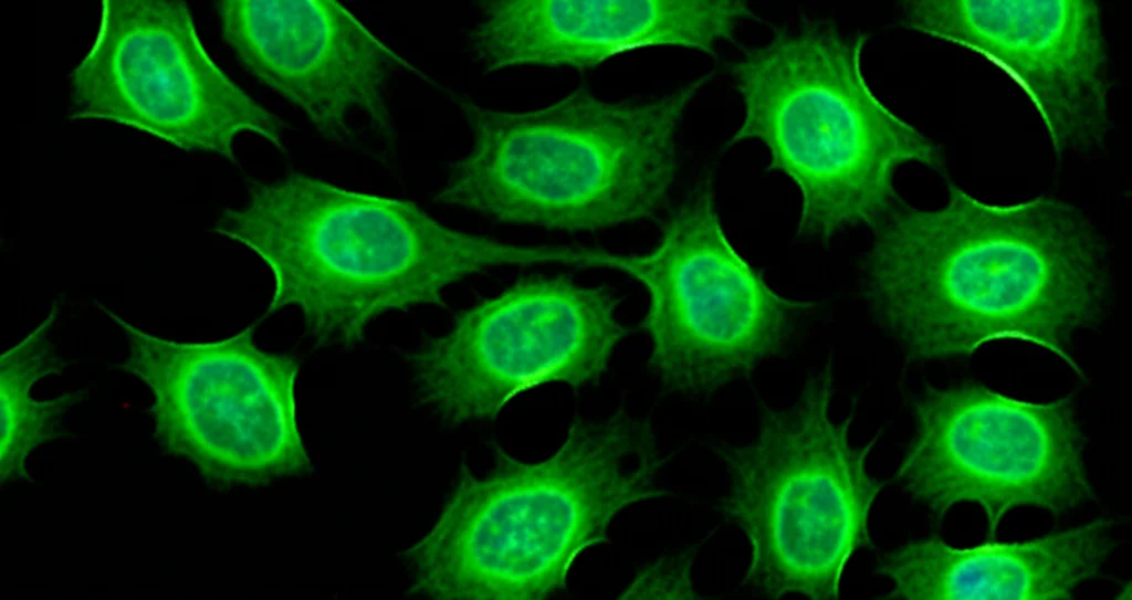 Immagine macro ad alta definizione di cellule staminali mesenchimali ossee (BMSC) che resistono attivamente allo stress ossidativo in una piastra di coltura, con dettagli precisi delle membrane cellulari e illuminazione controllata, focale 100mm. Alcune cellule mostrano fluorescenza verde (simulando EGFP) indicando modifiche genetiche protettive contro la ferroptosi, sullo sfondo si intravede una rappresentazione stilizzata di un disco intervertebrale.